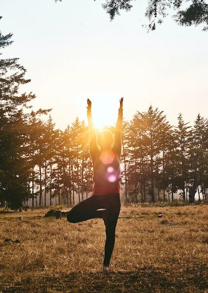Frau macht Yoga im Wald sonnenschein