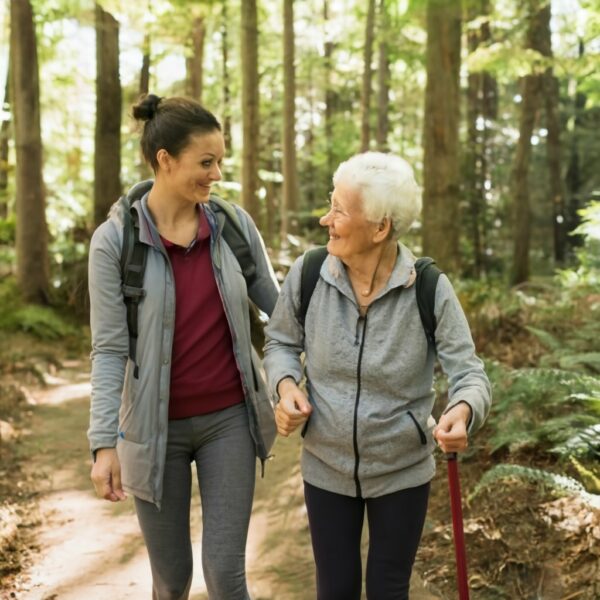 Junge Frau spaziert mit betagter Dame im Wald